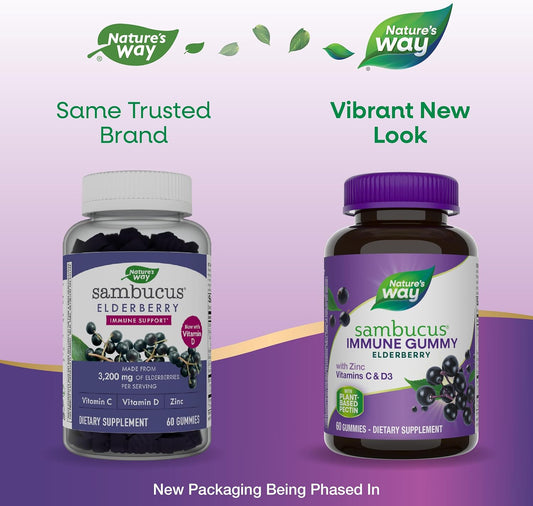 Nature’S Way Sambucus Elderberry Immune Gummies, Daily Immune Support For Kids And Adults*, With Vitamin C, Vitamin D3, Zinc, Gluten Free, Vegetarian, 60 Gummies (Packaging May Vary)