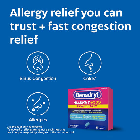 Benadryl Allergy Plus Congestion Ultratabs With Diphenhydramine Hcl Antihistamine & Phenylephrine Hcl Nasal Decongestant, Allergy & Sinus Congestion Relief Tablets, 24 Ct