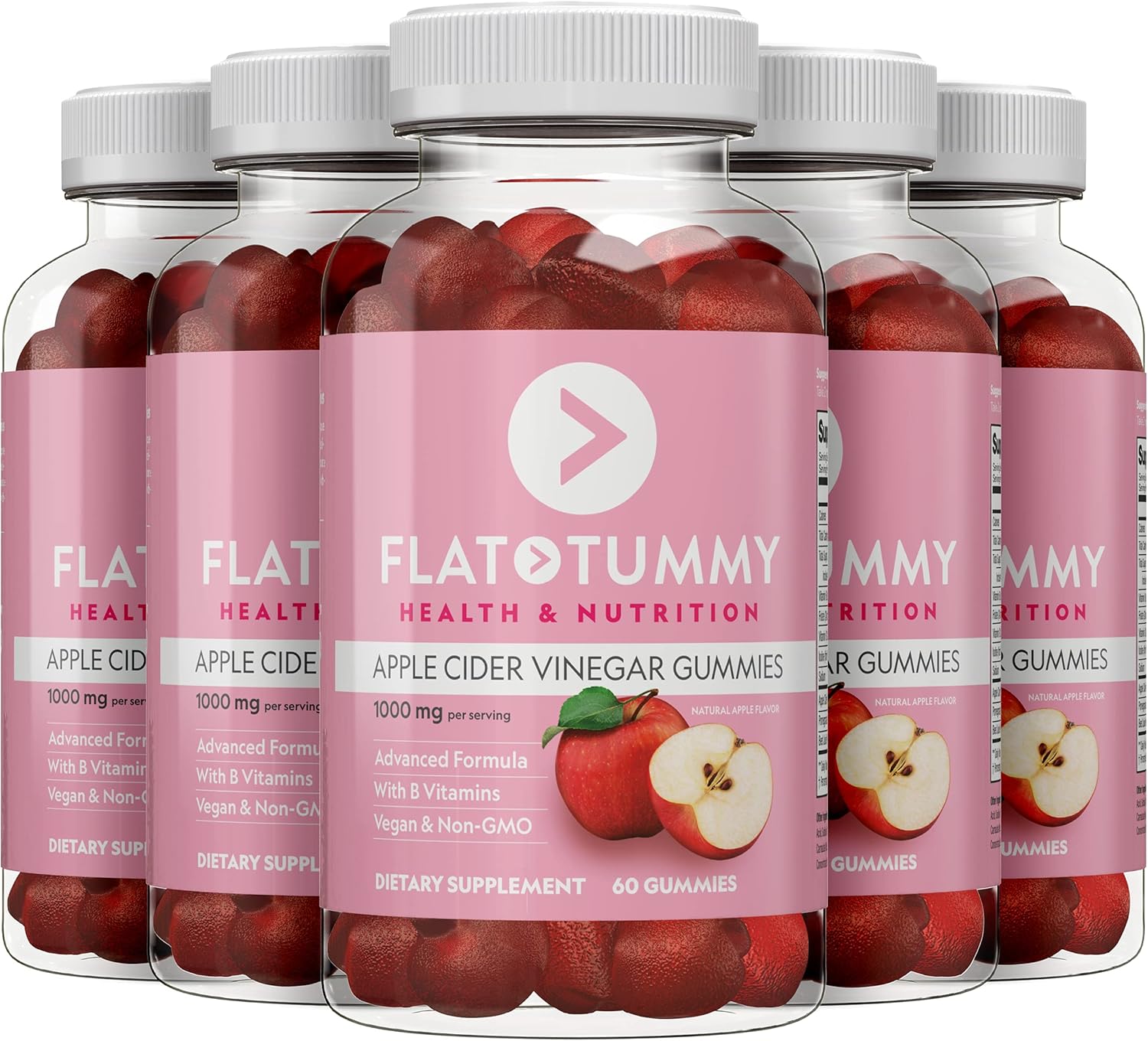 Flat Tummy Apple Cider Vinegar Gummies, 60 Count-Boost Energy, Detox, Support Gut Health & Healthy Metabolism – Vegan, Non-Gmo Acv Gummies - Made With Apples, Beetroot, Vitamins B9 & B12 - Pack Of 5