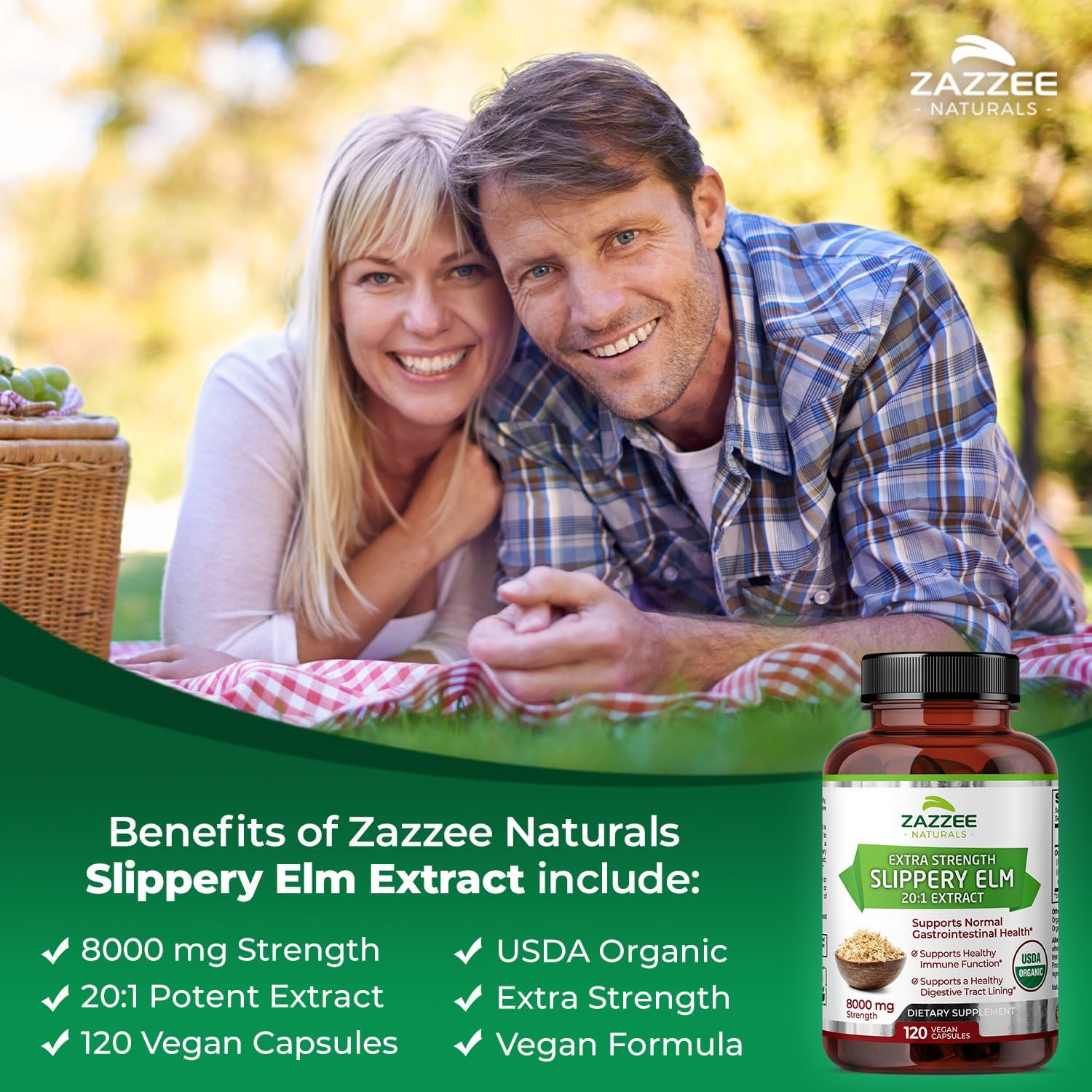 Zazzee USDA Organic Slippery Elm Bark 20:1 Extract, 8000 mg Strength, 120 Vegan Capsules, 4 Month Supply, Standardized, Concentrated 20X Extract, 100% Vegetarian, All-Natural, Non-GMO, Made in the USA : Health & Household