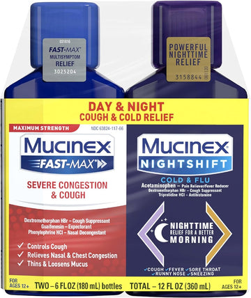 Mucinex Fast-Max & Nightshift Combo Pack - Max Strength Cough & Cold Medicines For Mucus Relief, Chest Congestion, Nasal Congestion, Sinus Congestion, Sinus Pressure, Cough Symptom Relief (2X 6 Fl Oz)