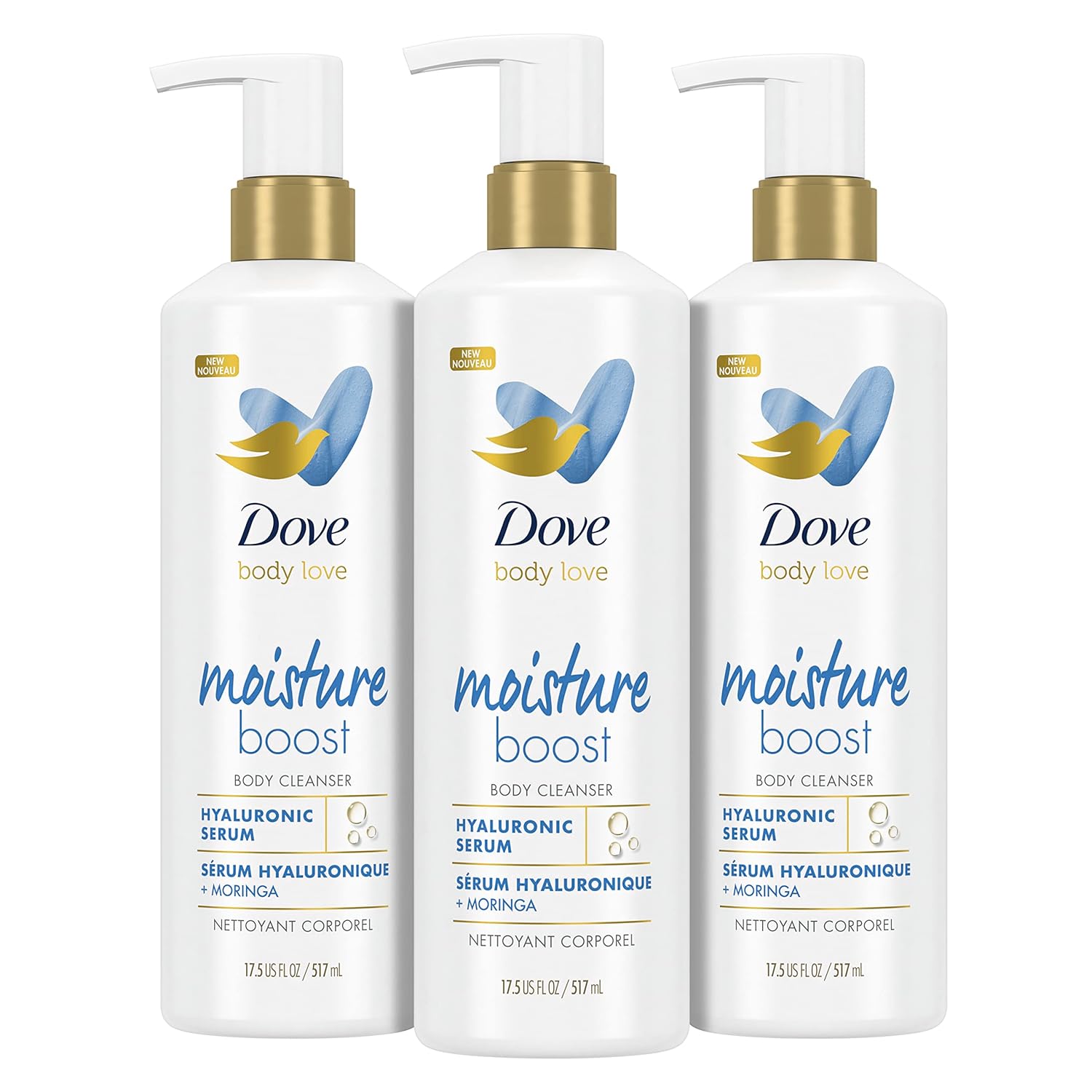 Dove Body Love Body Cleanser Moisture Boost 3 Count For Dry Skin Body Wash With Hyaluronic Acid And Moringa Oil 17.5 Fl Oz