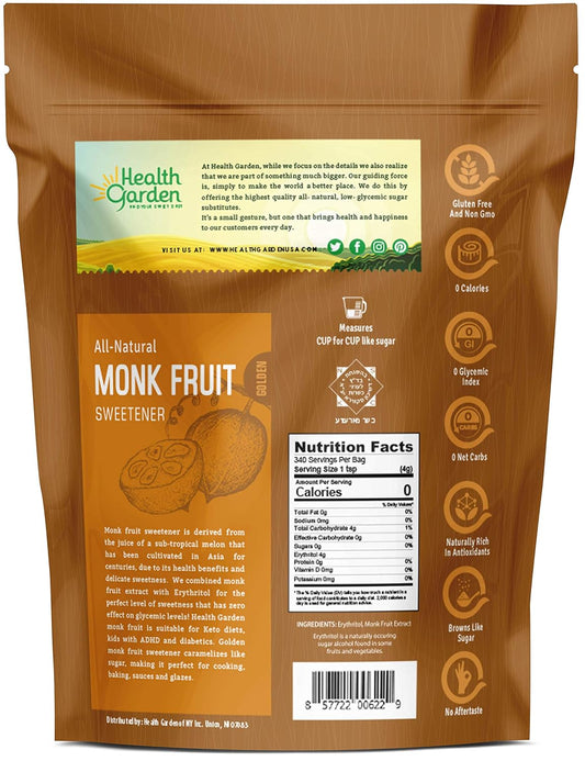 Health Garden Monk Fruit Sweetener, Golden- Non Gmo - Gluten Free - 1:1 Sugar Substitute - Kosher - Keto Friendly (4.75 Lb)