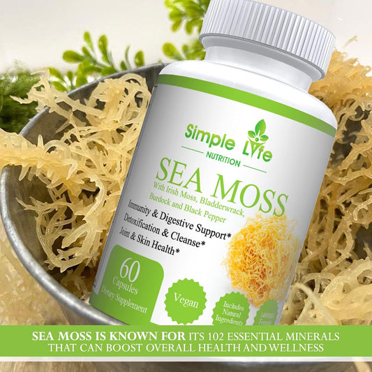 Organic Irish Sea Moss Capsules 1400Mg - Advanced With Burdock Root, Bladderwrack & Black Pepper - Immune System, Gut & Thyroid Cleanser Sea Moss Gel Powder Supplement - 60Ct