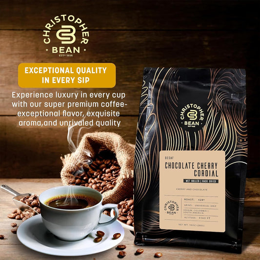 Christopher Bean Coffee - Decaf Ground Universal Drip Chocolate Cherry Cordial Flavored Coffee| Coffee Beans With Medium Roast 100% Arabica, No Sugar, No Fats, Non-Gmo | 10-Ounce Bag