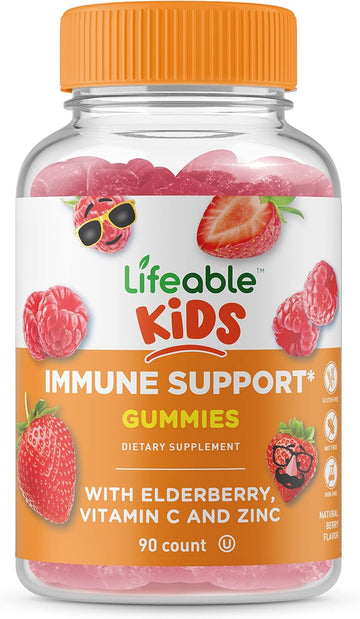 Lifeable Immune Support for Kids Gummies - with Elderberry, Vitamin C and Zinc - Great Tasting Natural Flavor Gummy Supplement - Gluten Free Vegetarian GMO-Free Chewable Vitamins - 90 Gummies