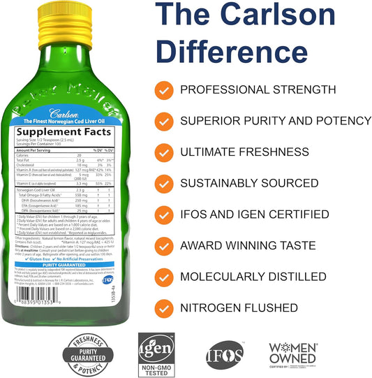 Carlson - Kid'S Cod Liver Oil, 550 Mg Omega-3S, Vitamins A & D3, Wild Norwegian, Lemon, 250 Ml