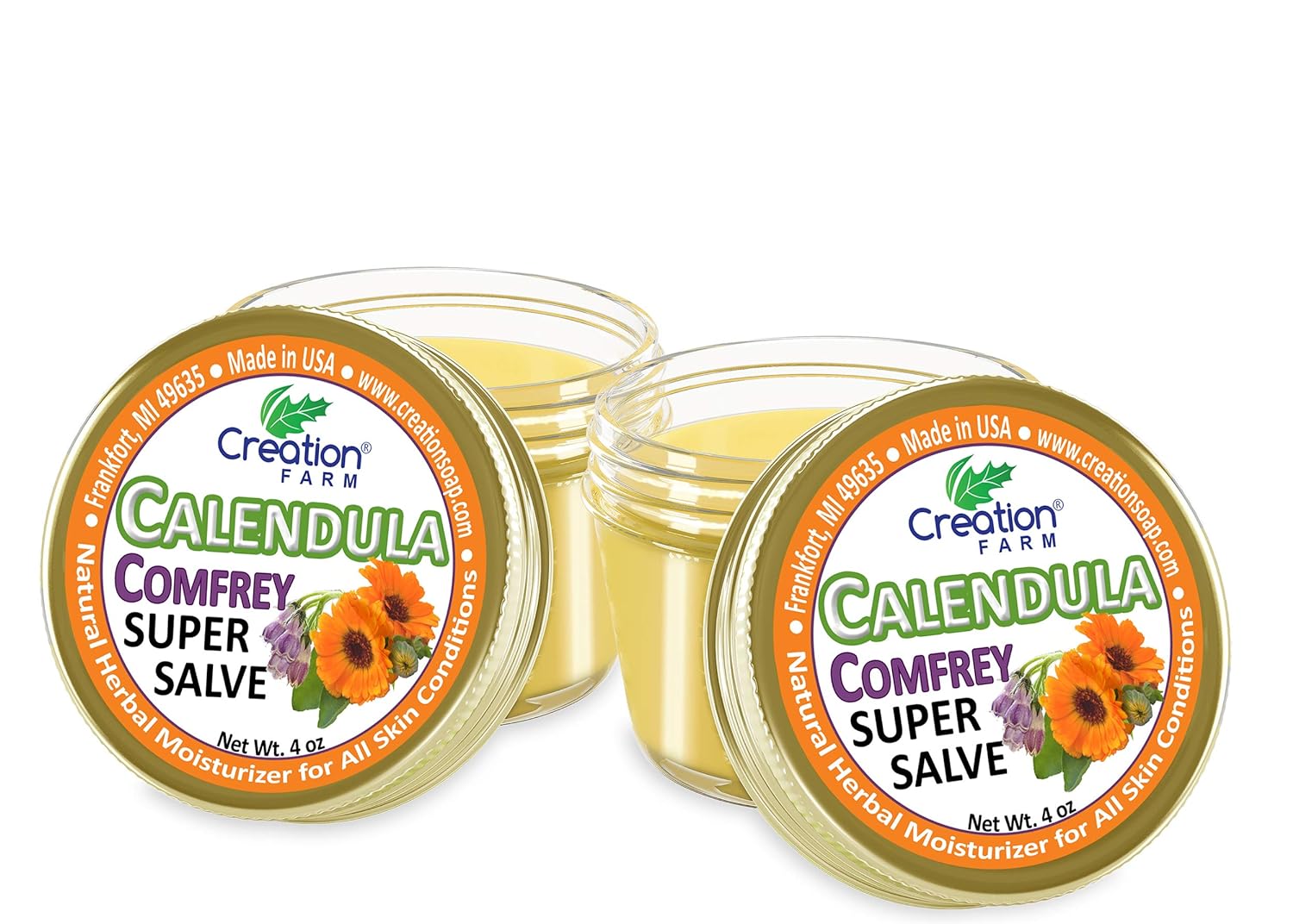 Calendula Comfrey Super Salve 8OZ- (2-4 oz Jars) Balm Soothes Baby Bottoms, Hand Cream for Dry Cracked skin, Tattoos and Beards Grown and Made in USA from Real Herbs