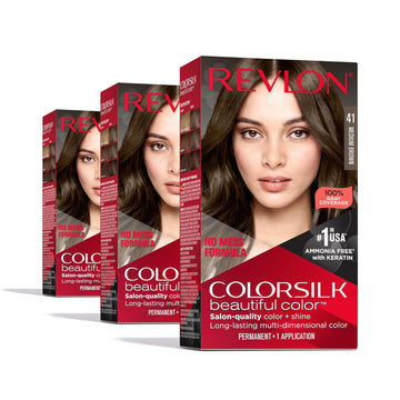 Revlon Colorsilk Beautiful Color Permanent Hair Color, Long-Lasting High-Definition Color, Shine & Silky Softness With 100% Gray Coverage, Ammonia Free, 41 Medium Brown, 3 Pack