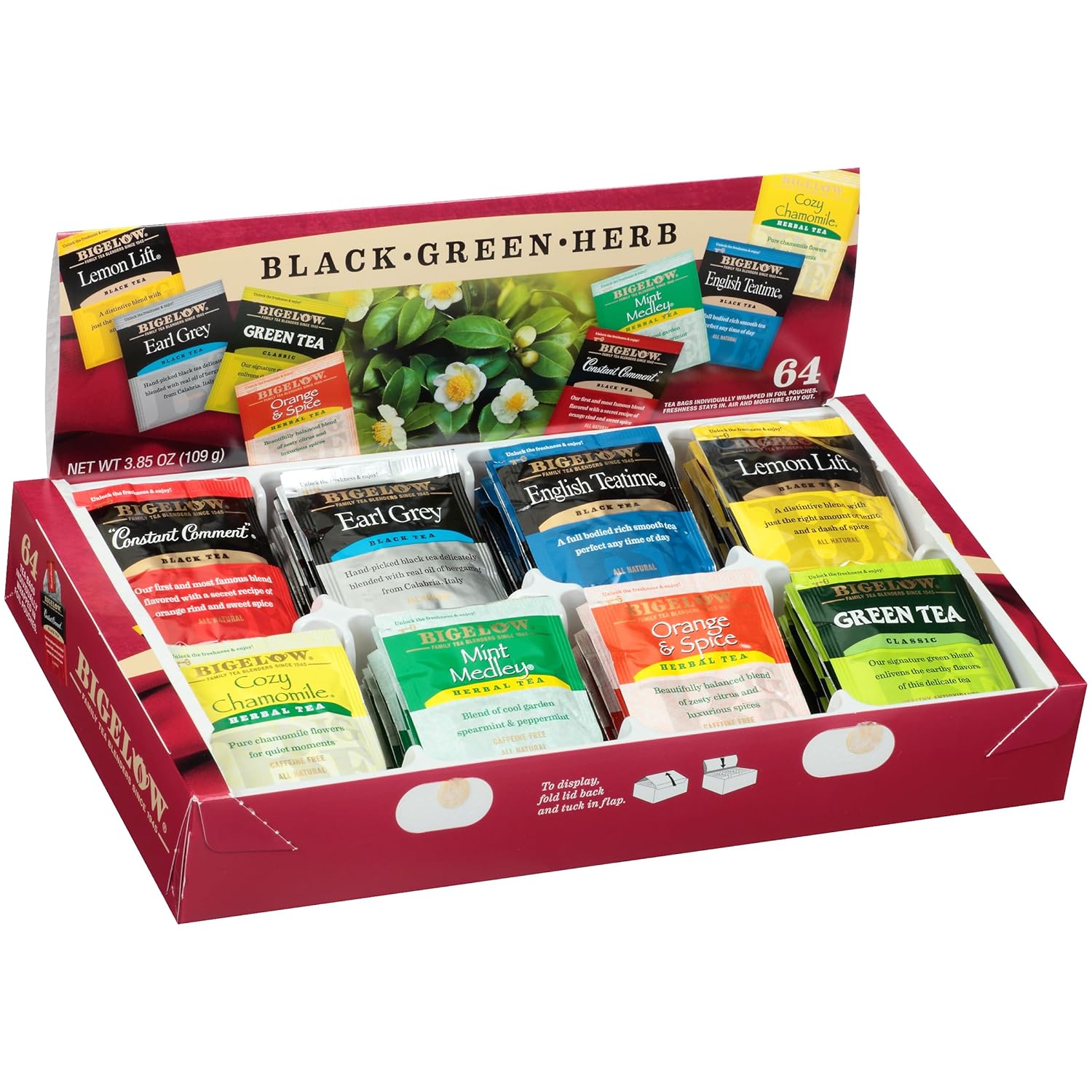 Bigelow Tea Assortment, Green, Black, And Herbal Teas With English Teatime, Constant Comment, Lemon Lift, Earl Grey, Green, Cozy Chamomile, Orange Spice, Mint Medley, 64 Tea Bags (Pack Of 1)