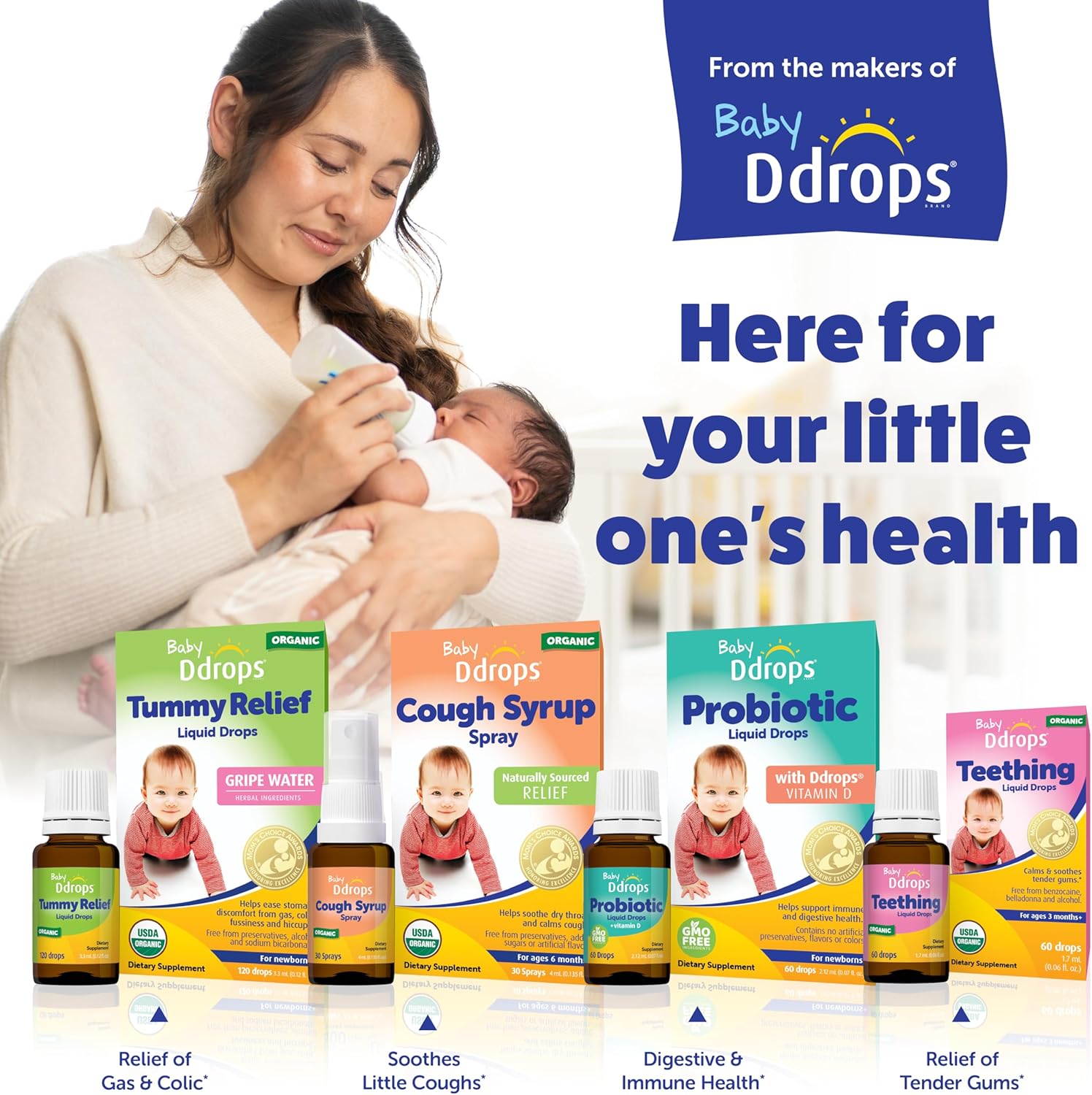 Ddrops Baby Organic Teething Relief Liquid, Calms and Soothes Baby's Tender Gums Naturally, Easy-to-Use Drop Format, 3 Months +, 60 Drops : Baby