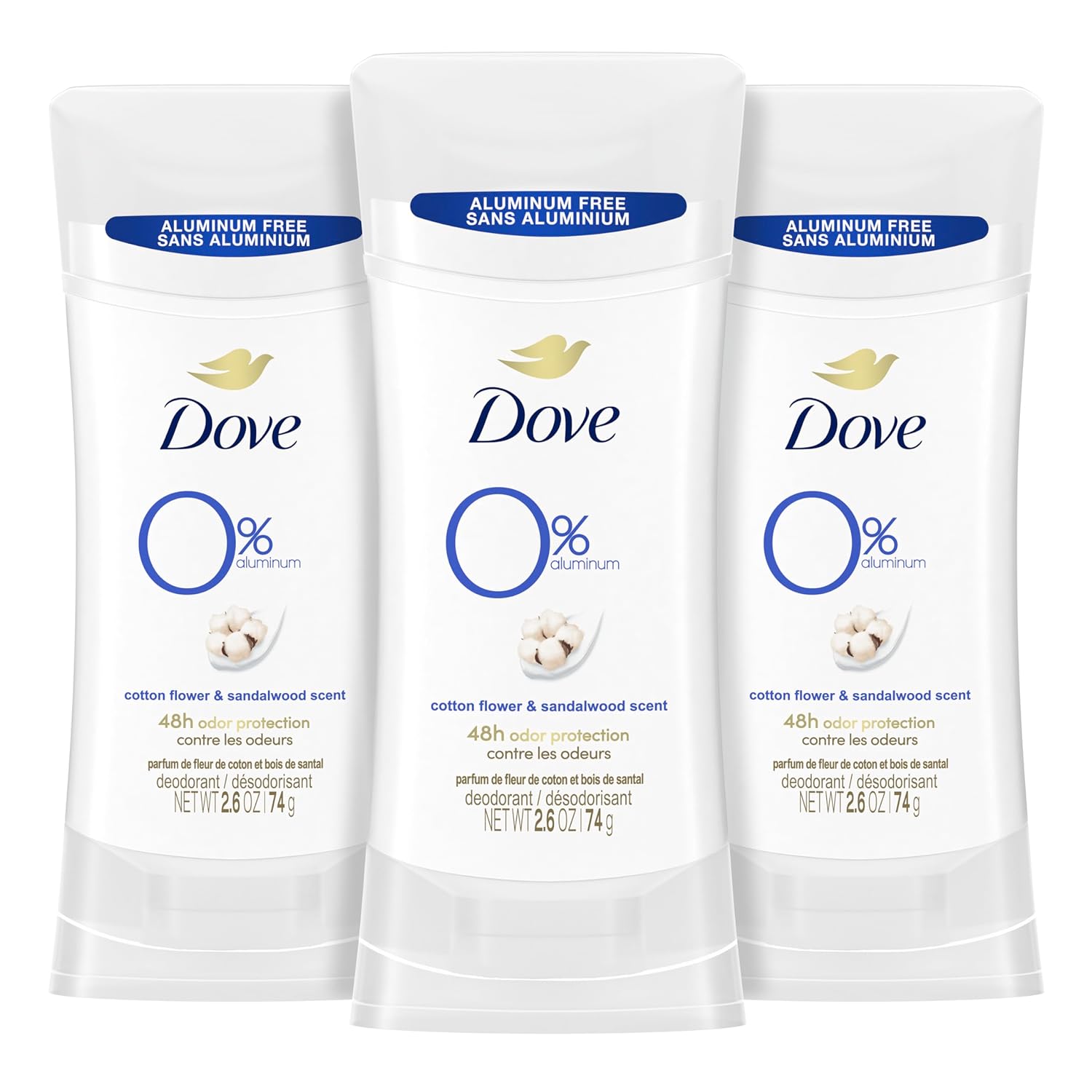 Dove 0% Aluminum Deodorant Stick Cotton Flower & Sandalwood 3 Count For 48-Hour Odor Protection Aluminum Free Deodorant 2.6 Oz