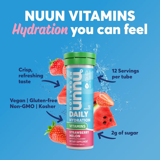 Nuun Hydration Vitamins Electrolyte Tablets + Vitamins, Strawberry Melon, 8 Pack (96 Servings)