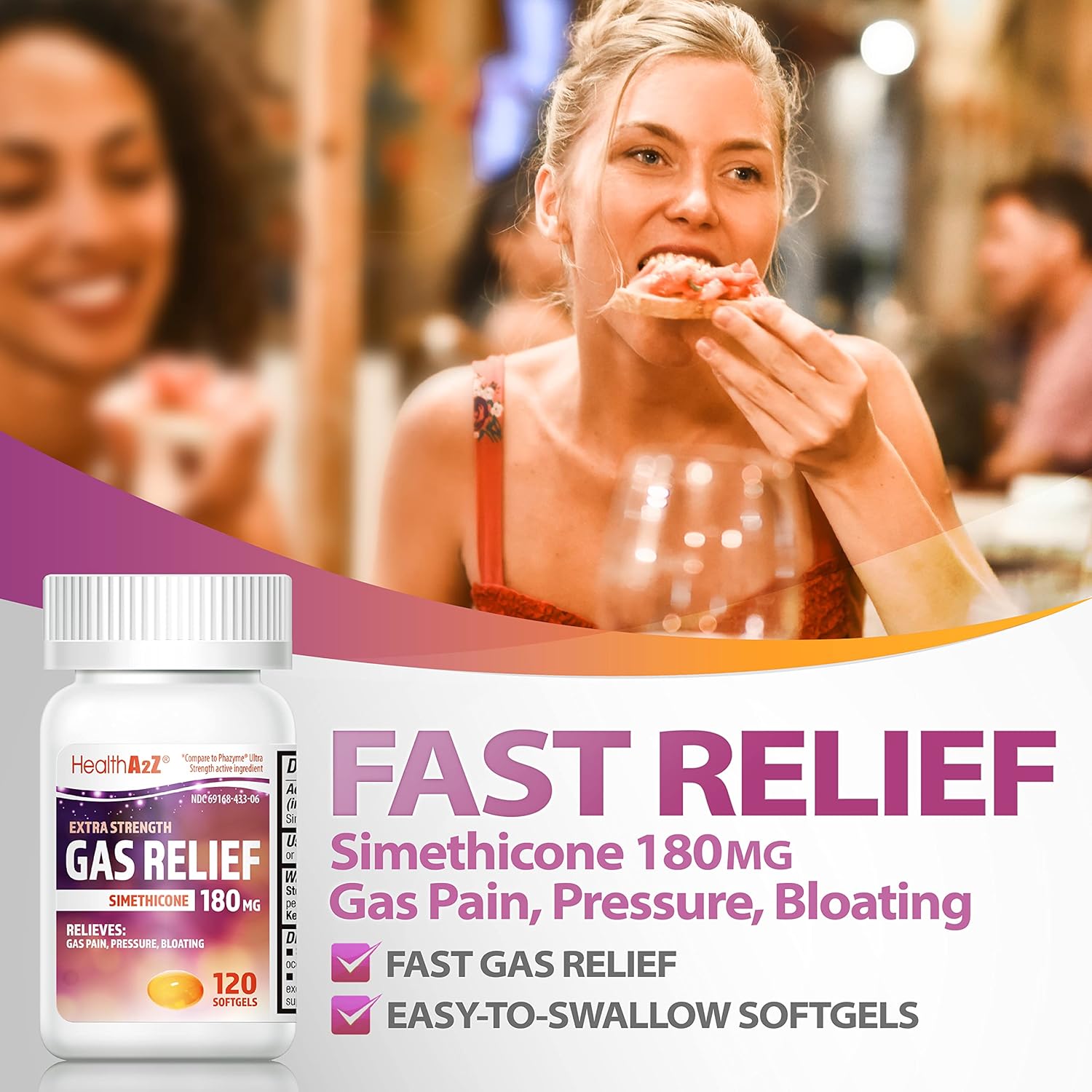 HealthA2Z® Gas Relief Simethicone 180mg | Ultra Strength | Relieves from Stomach Discomfort and Gas | Anti Flatulence | Relieves Gas Fast (120 Count (Pack of 1)) : Health & Household