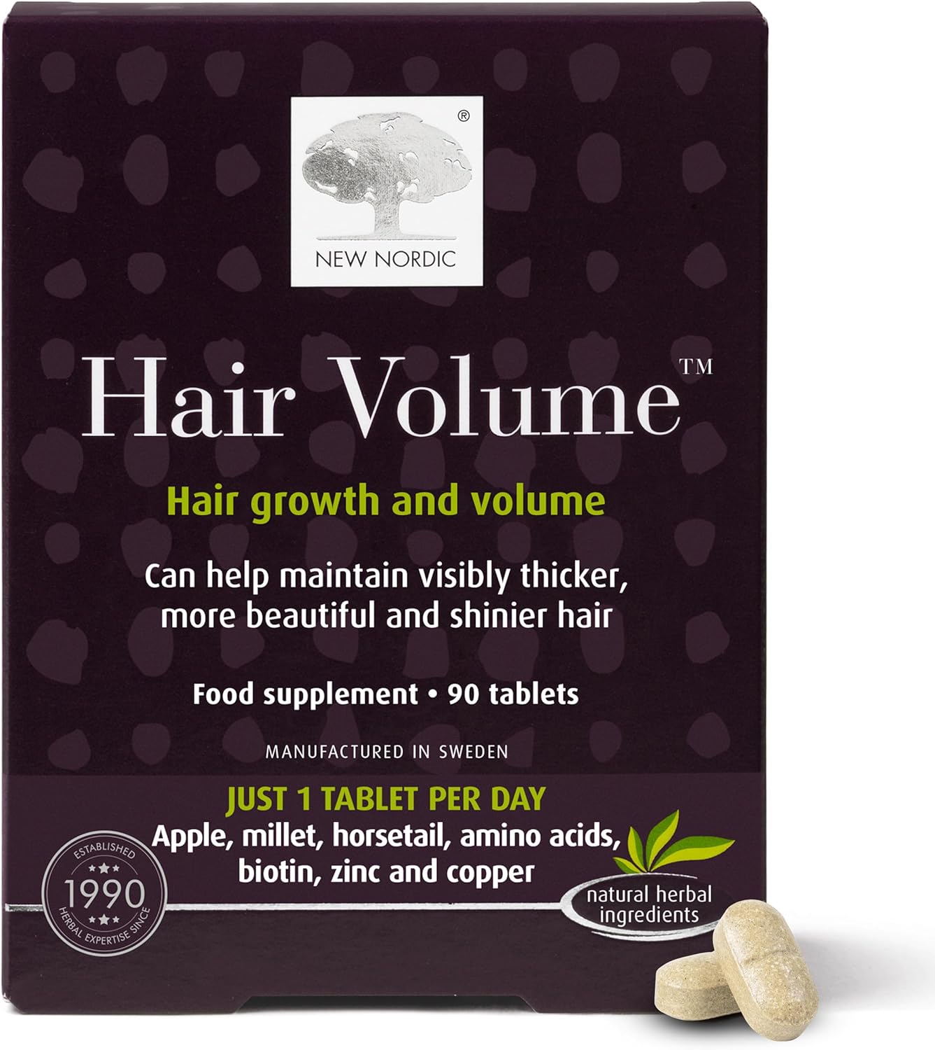 New Nordic Hair Volume 90 Tablets - Clinically Proven Hair Growth Vitamins - Biotin, Zinc & Apple - Visibly Thicker & Shiny Hair - For Women & Men