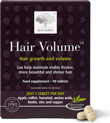 New Nordic Hair Volume 90 Tablets - Clinically Proven Hair Growth Vitamins - Biotin, Zinc & Apple - Visibly Thicker & Shiny Hair - For Women & Men