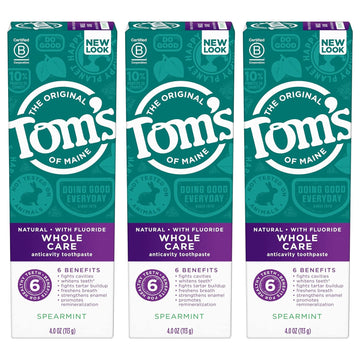 Tom's of Maine Whole Care Natural Toothpaste with Fluoride, Spearmint, 4 Ounce (Pack of 3), (Packaging May Vary)