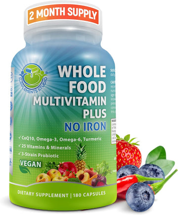 Vegan Whole Food Multivitamin Without Iron, Daily Multivitamin for Women and Men, Made with Fruits & Vegetables, B-Complex, Probiotics, Enzymes, CoQ10, Omegas, Turmeric, Non-GMO, 180 Count