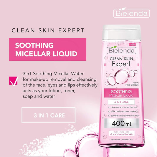 Bielenda Clean Skin Expert - 3-In-1 Soothing Micellar Water For Make-Up Removal And Cleansing Of The Face, Eyes And Lips - Clean Skin Expert 3 In 1 Soothing Micellar Water - 400 Ml
