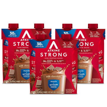 Atkins Strong High Protein Shake, Milk Chocolate, 30G Protein, 7G Prebiotic Fiber, Muscle & Gut Health Support Complex, 12 Count