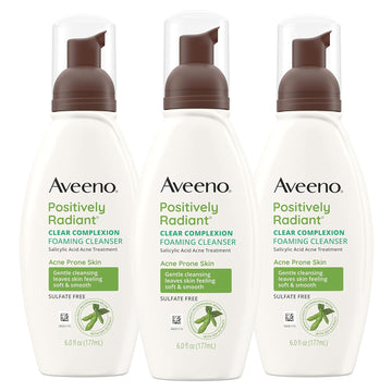 Aveeno Clear Complexion Foaming Oil-Free Facial Cleanser With Salicylic Acid Acne Medication For Breakout-Prone Skin & Soy Extracts, Hypoallergenic & Non-Comedogenic, 6 Fl. Oz, Pack Of 3