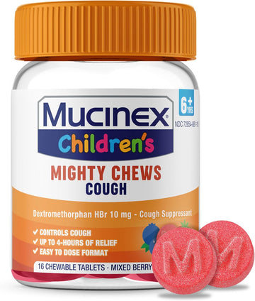 Mucinex Children'S Mighty Chews Kids Cough Medicine, Easy To Dose Cough Suppressant For Kids With Dextromethorphan, Kids Travel Medicine For Cough, Mixed Berry Flavor, 16 Medicated Chewable Tablets