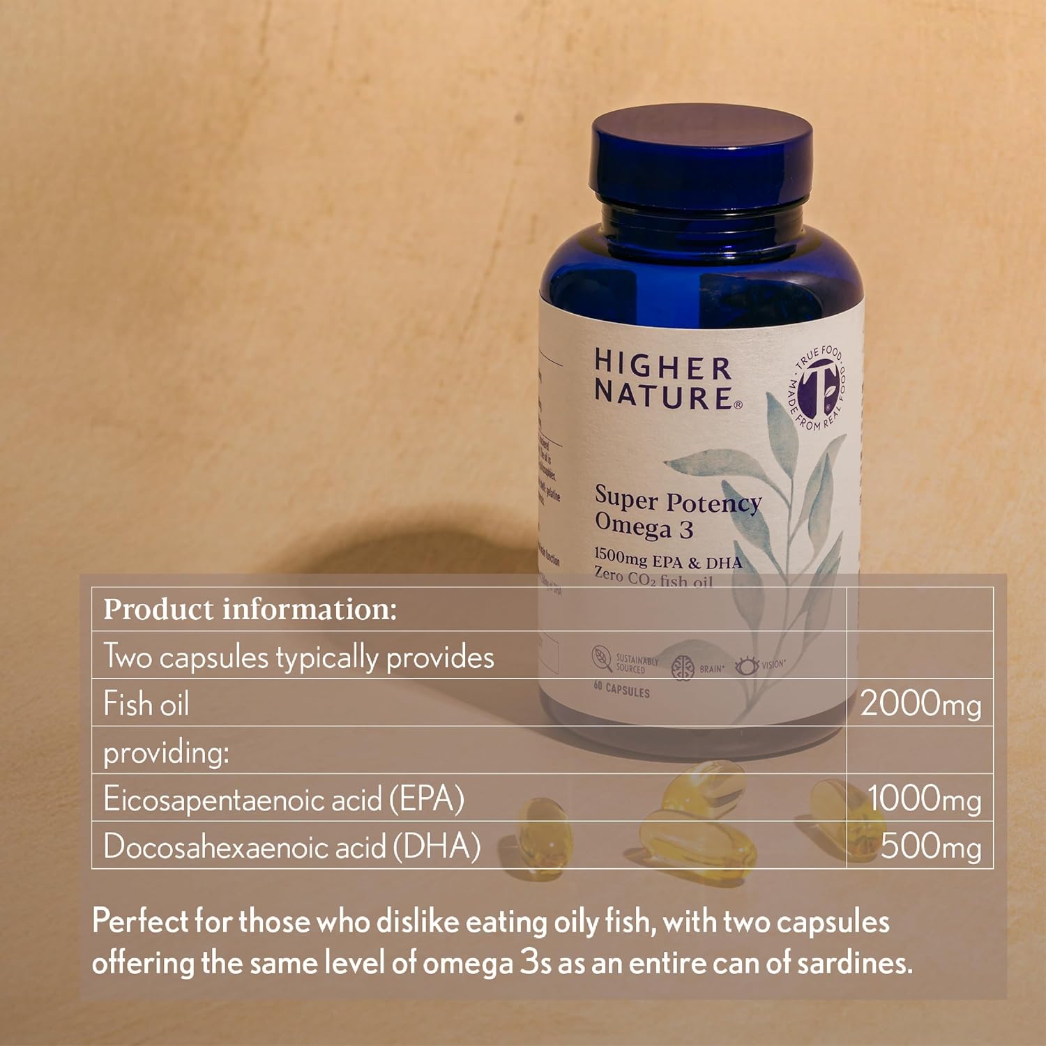 Higher Nature - Omega 3 2000mg with 1000mg EPA & 500mg DHA Per Serving - Super Potency Omega 3 True Food® Formula Fish Oil Supplement - Supports Eye, Brain & Heart Health - 60 Capsules : Amazon.co.uk: Health & Personal Care