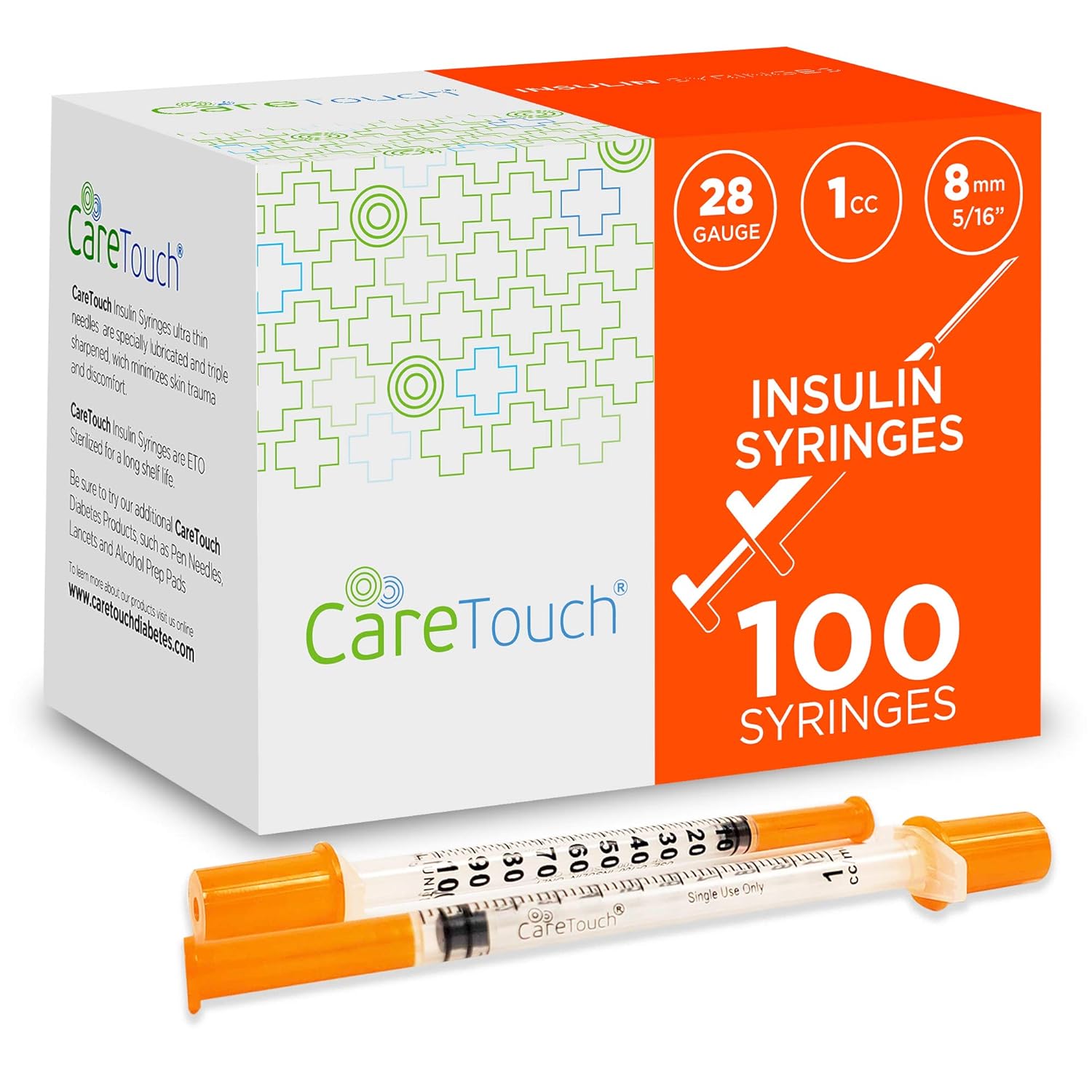 Care Touch Insulin Syringes - 28G 5/16" - 8 Mm 1 Cc (Pack Of 100) (Package May Vary)