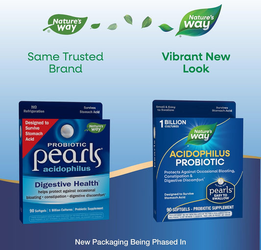 Nature'S Way Acidophilus Probiotic Pearls, Supports Digestive Balance*, Protects Against Occasional Constipation And Bloating*, 1 Billion Live Cultures, 90 Softgels (Packaging May Vary)