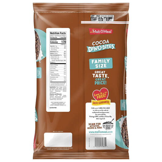 Malt-O-Meal Cocoa Dyno Bites Gluten Free Breakfast Cereal, Crispy Rice Puff Cereal, Large Cereal for Family, 25 OZ Resealable Cereal Bag