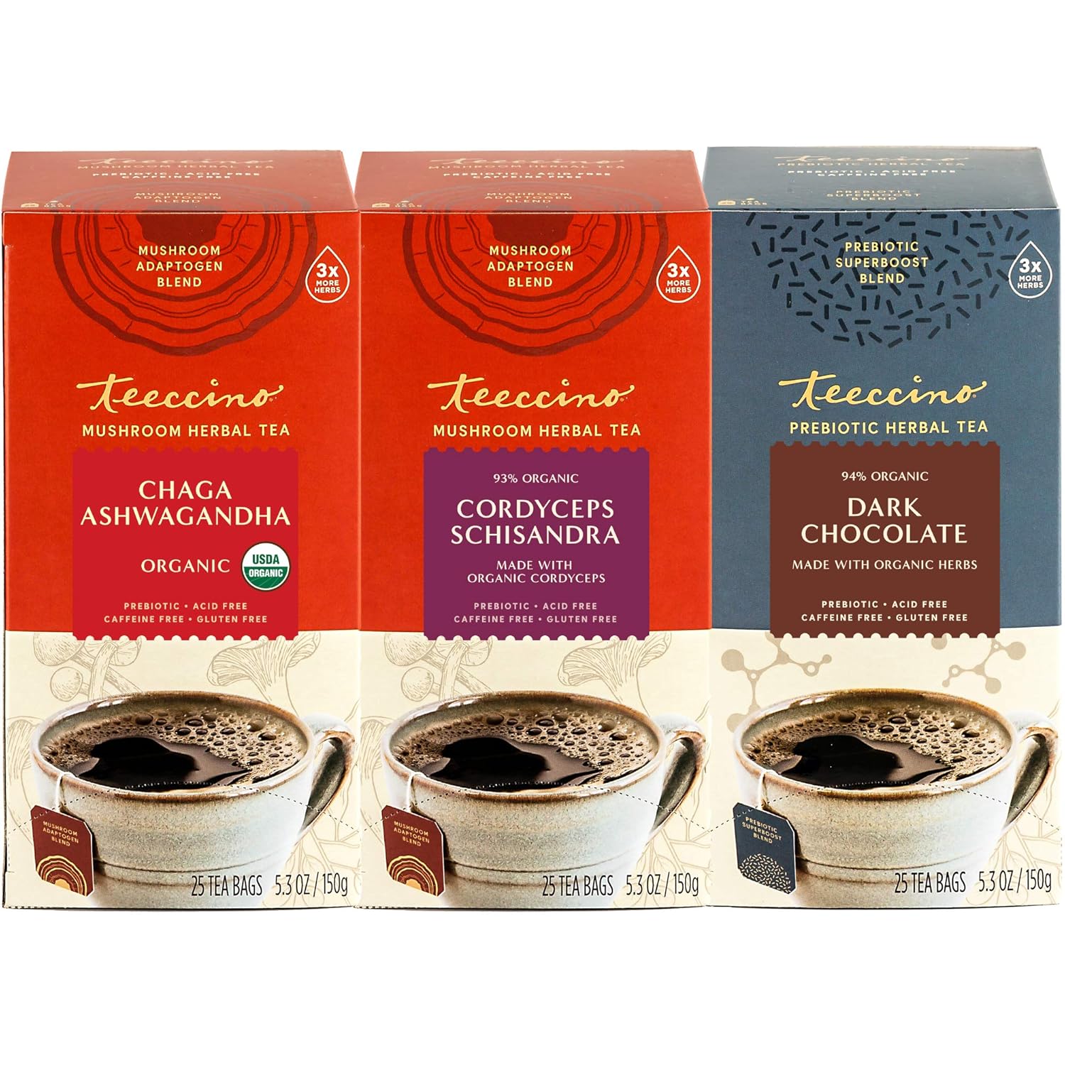 Teeccino Wellness Tea Variety Pack - Chaga Ashwagandha, Cordyceps Schisandra, Dark Chocolate - Mushroom Adaptogen & Prebiotic Herbal Teas, 25 Tea Bags (Pack Of 3)