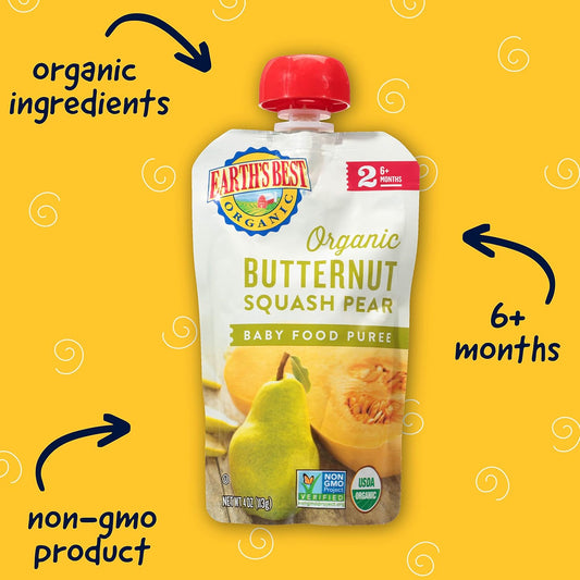 Earth'S Best Organic Baby Food Pouches, Stage 2 Fruit And Vegetable Puree For Babies 6 Months And Older, Organic Butternut Squash And Pear Puree, 4 Oz Resealable Pouch (Pack Of 16)