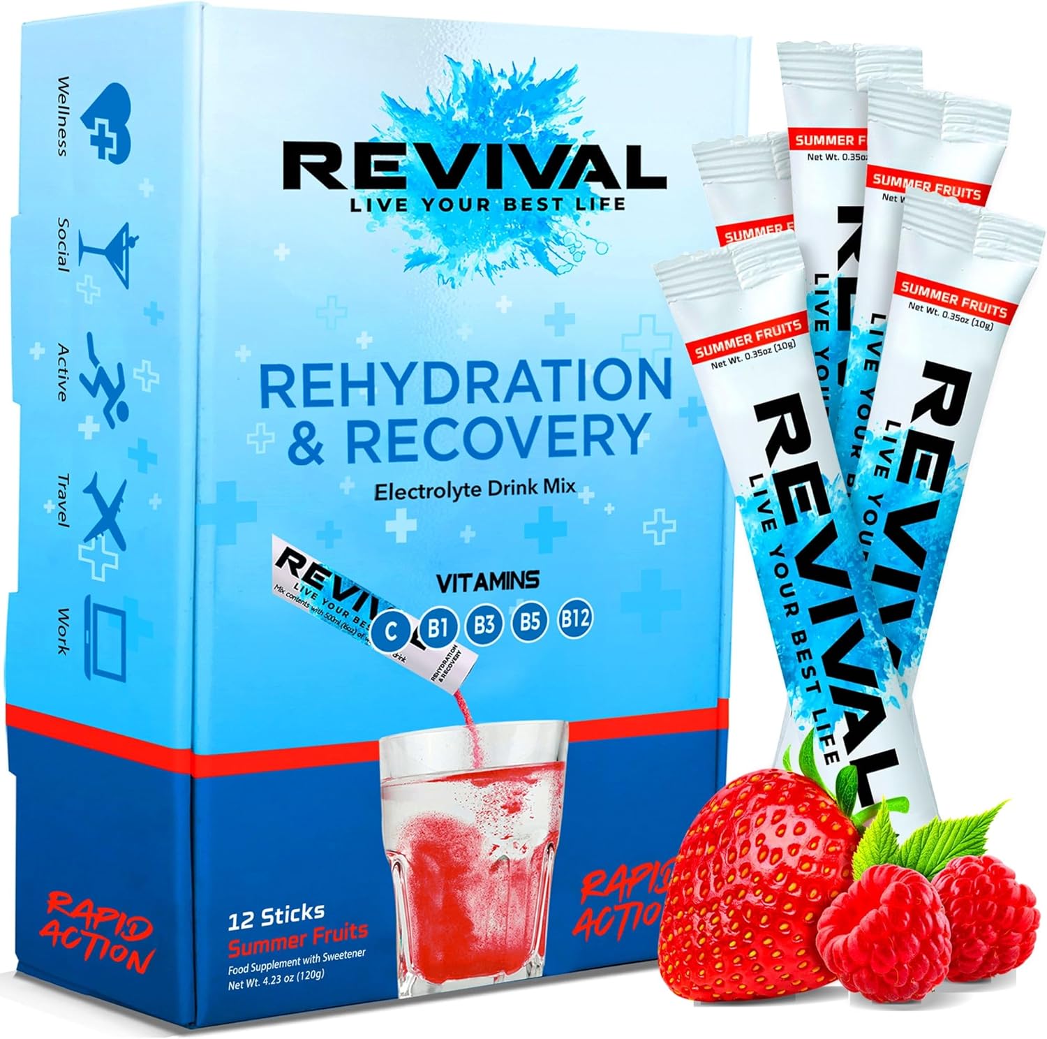 Revival Rapid Rehydration Electrolytes Powder - High Strength Vitamin C, B1, B3, B5, B12 Supplement Sachet Drink, Effervescent Electrolyte Hydration Tablets - 6 Pack Watermelon