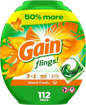 Gain Flings Liquid Laundry Detergent, Island Fresh Scent, 112 Count, He Compatible