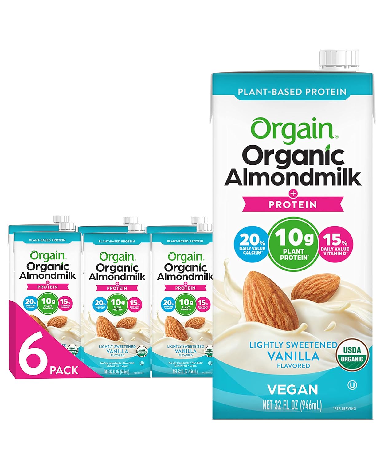 Orgain Organic Vegan Protein Almond Milk, Lightly Sweetened Vanilla - 10G Plant Protein, Vitamin D & Calcium, No Lactose, Dairy & Soy Ingredients, Gluten Free, No Sugar Added, 32 Fl Oz (Pack Of 6)