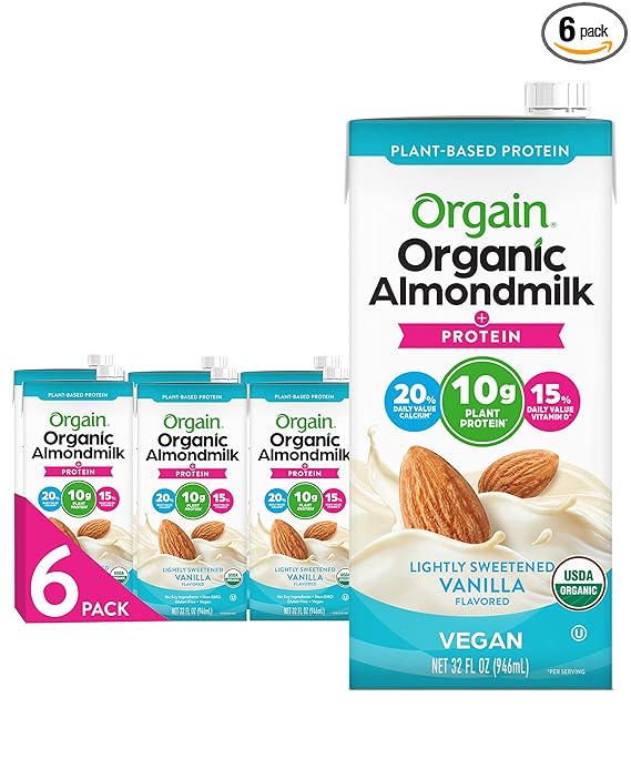 Orgain Organic Vegan Protein Almond Milk, Lightly Sweetened Vanilla - 10G Plant Protein, Vitamin D & Calcium, No Lactose, Dairy & Soy Ingredients, Gluten Free, No Sugar Added, 32 Fl Oz (Pack Of 6)