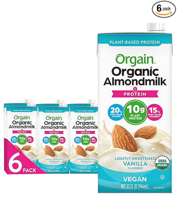 Orgain Organic Vegan Protein Almond Milk, Lightly Sweetened Vanilla - 10G Plant Protein, Vitamin D & Calcium, No Lactose, Dairy & Soy Ingredients, Gluten Free, No Sugar Added, 32 Fl Oz (Pack Of 6)
