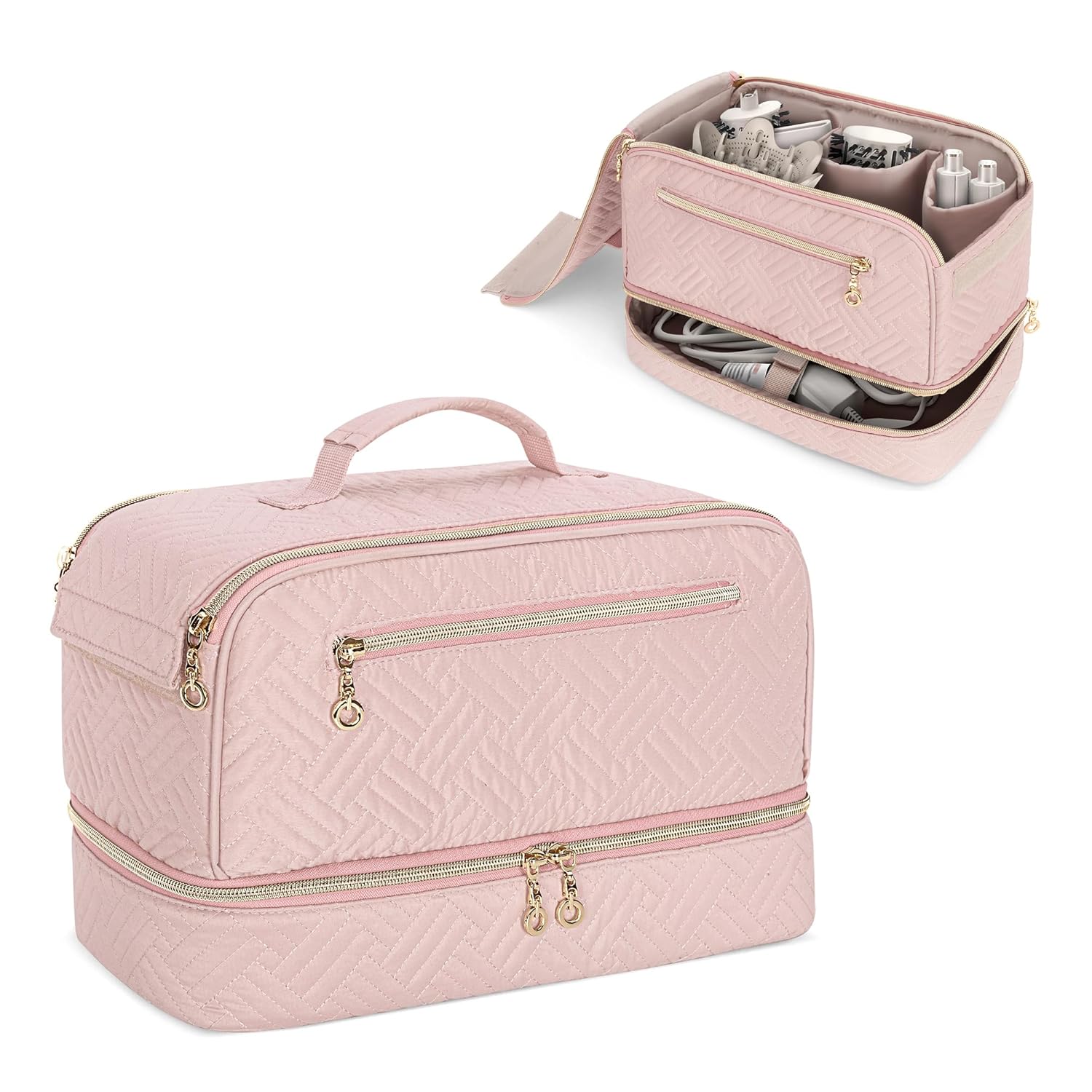 Teamoy Travel Carrying Case Compatible With Shark Flexstyle, Double-Layer Storage Bag For Shark Hyperair, Portable Travel Organizer For Dyson Airwrap Styler And Attachments, Pink Quilted
