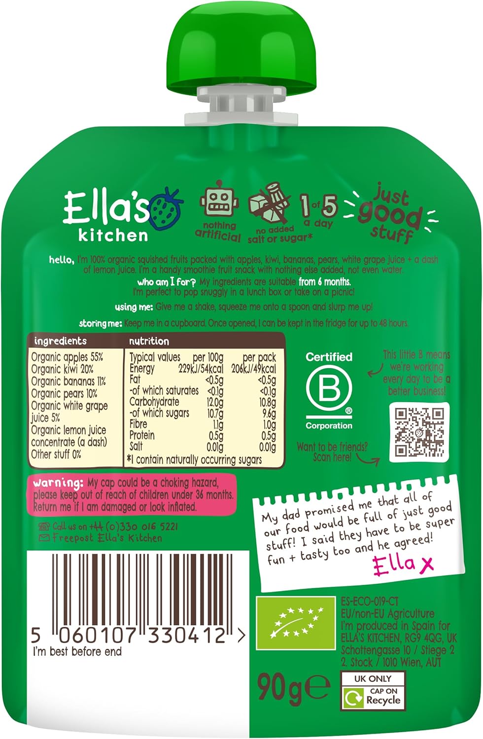 Ella'S Kitchen The Green One Organic Smoothie Fruits 90 G (Pack Of 12)