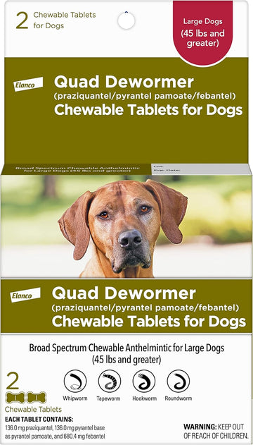 Elanco Chewable Quad Dewormer For Large Dogs, 45 Lbs And Over, 2 Chewable Tablets