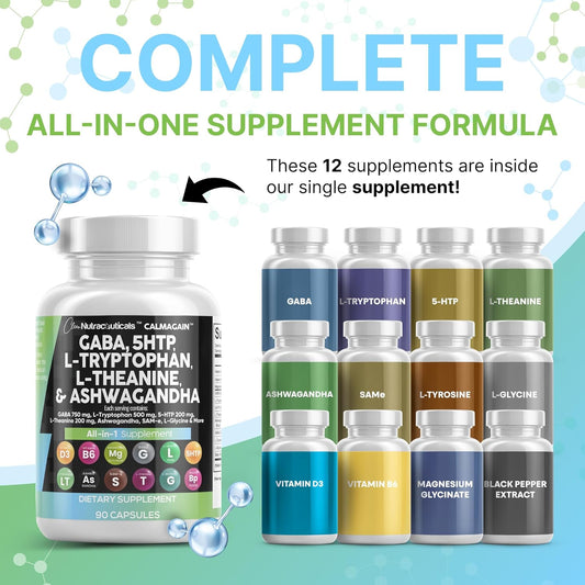 Clean Nutraceuticals Gaba 750Mg 5 Htp 200Mg L Tryptophan 500Mg L Theanine 200Mg Ashwagandha Sam-E L-Glycine - Mood Support Vitamins For Women And Men With L-Tyrosine 5-Htp (5-Hydroxytryptophan)