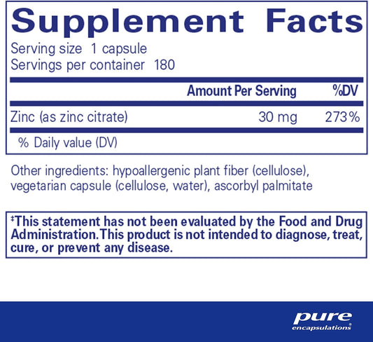 Pure Encapsulations Zinc (Citrate) - For Immune System, Tissue Development & Metabolism* - Mineral Supplement With Enzymes - Highly Absorbable Zinc - Vegan & Non-Gmo