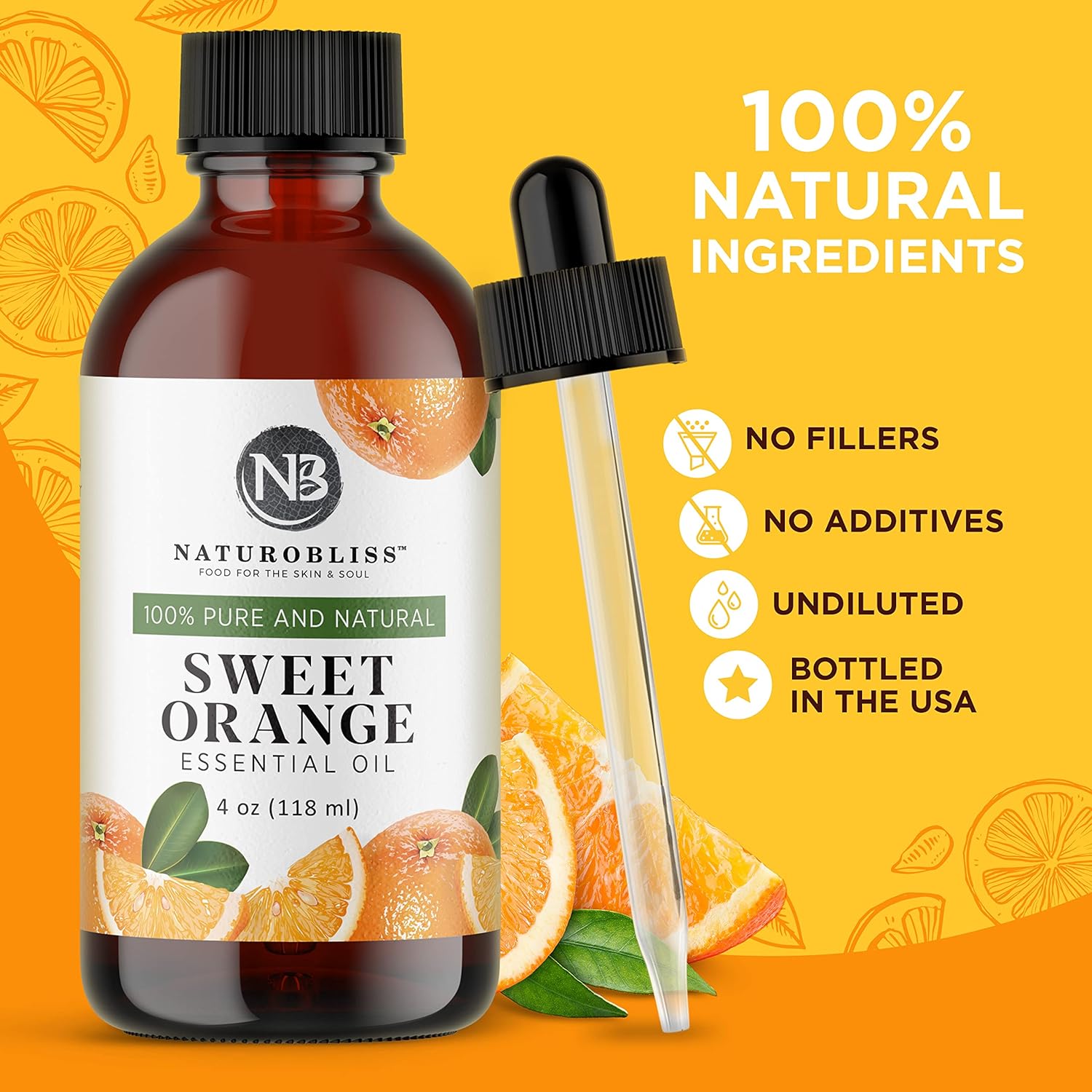 NaturoBliss 100% Pure & Natural Sweet Orange Essential Oil Therapeutic Grade Premium Quality Oil with Glass Dropper - Huge 4 fl. Oz - Perfect for Aromatherapy and Relaxation : Health & Household