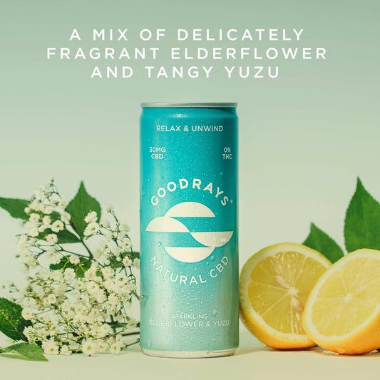 Goodrays - 30Mg Cbd Drink - 6 X 250Ml Cans - Elderflower & Yuzu - Natural Flavours, Low Calorie, Vegan - High Strength (30Mg/Can), All Natural - Reduce Stress & Unwind