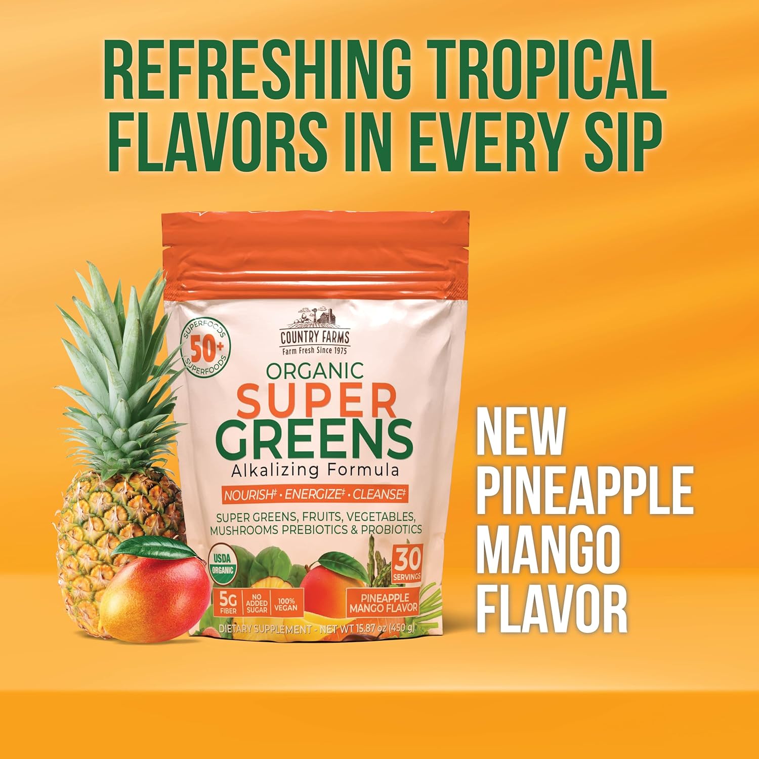 COUNTRY FARMS Super Greens Pineapple-Mango Flavor, 50 Organic Super Foods, USDA Organic Drink Mix (Wheat Grass, Spirulina, Chlorella) Mushrooms & Probiotics, Natural Energy, 30 Servings