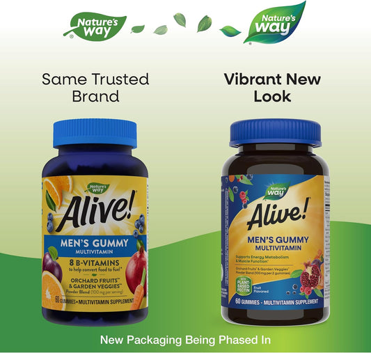 Nature'S Way Alive! Men'S Daily Gummy Multivitamin, Supports Energy Metabolism*, Muscle Function*, B-Vitamins, B-Vitamins, Gluten-Free, Vegetarian, Fruit Flavored, 60 Gummies (Packaging May Vary)