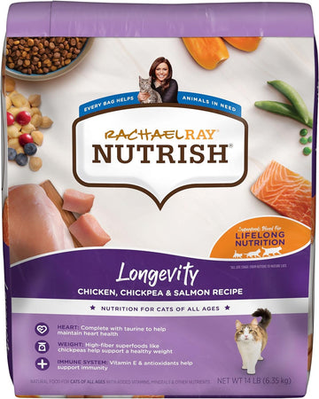 Rachael Ray Nutrish Longevity Premium Natural Dry Cat Food With Added Vitamins, Minerals & Other Nutrients, Chicken With Chickpeas & Salmon Recipe, 14 Pounds