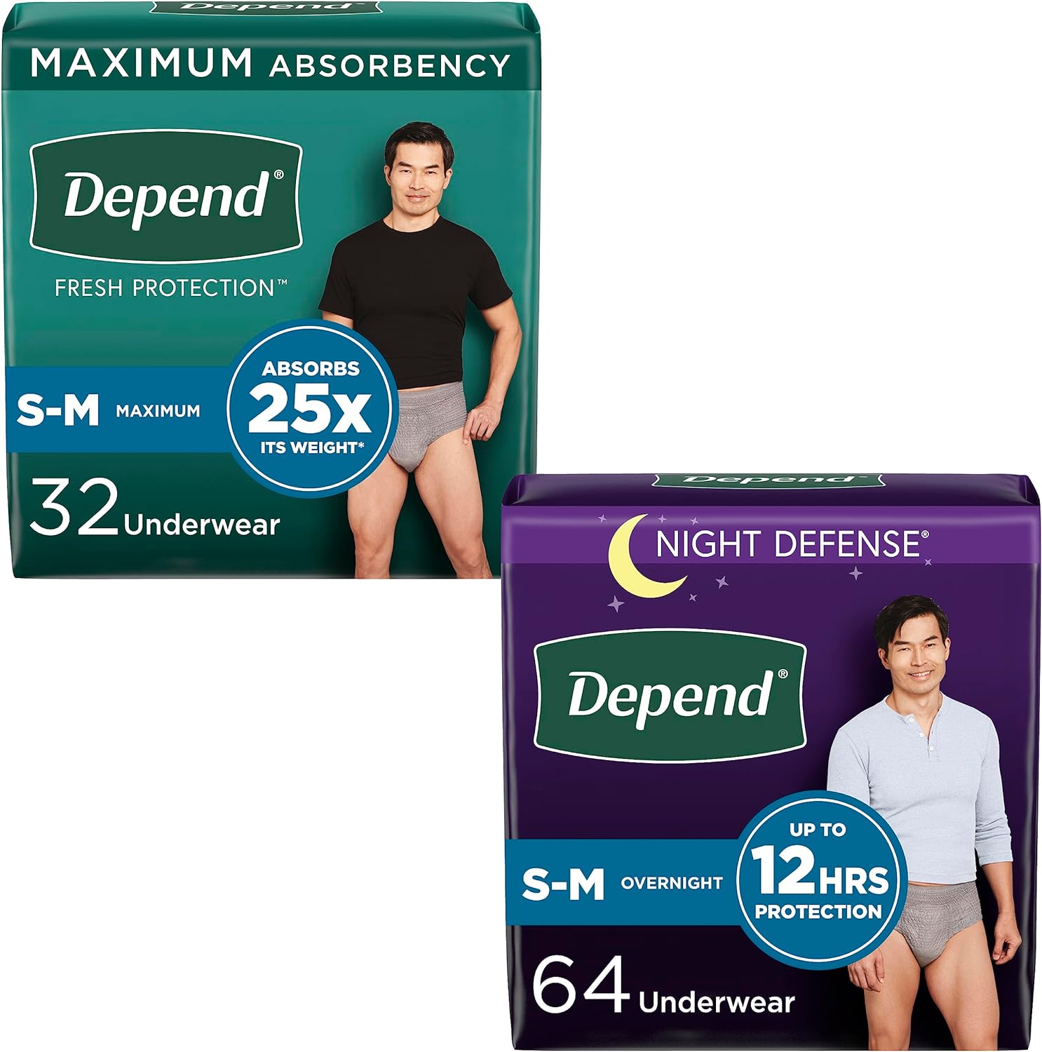 Adult Incontinence Underwear Bundle: Depend Fresh Protection Underwear for Men, Maximum, S/M, Grey, 32 Count and Depend Night Defense Underwear for Men, Overnight, S/M, Grey, 64 Count