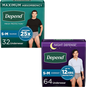 Adult Incontinence Underwear Bundle: Depend Fresh Protection Underwear For Men, Maximum, S/M, Grey, 32 Count And Depend Night Defense Underwear For Men, Overnight, S/M, Grey, 64 Count