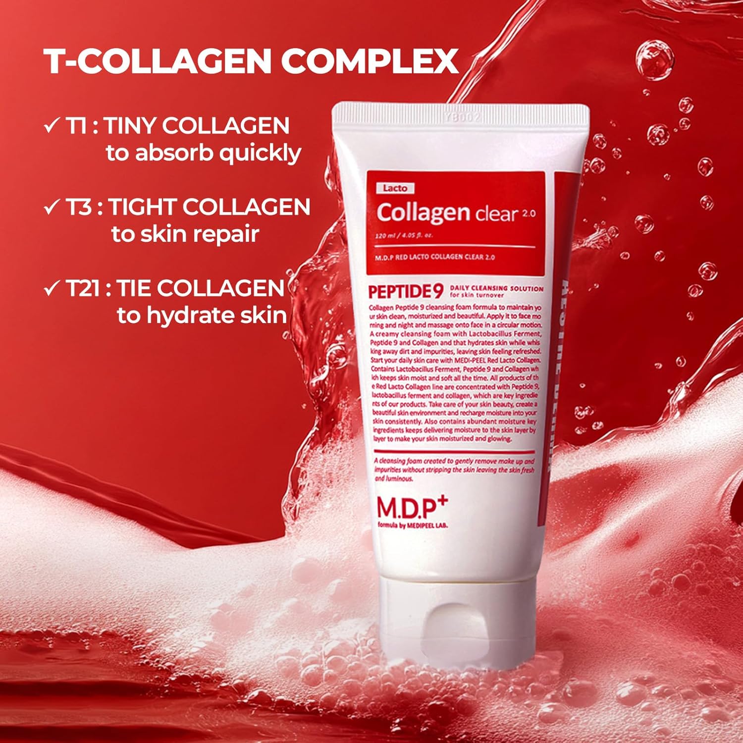 Mdp Red Lacto Collagen Clear 2.0, Peptide, Deep Pore Cleansing, Hydrating|4.05Oz/120Ml,Pore Tightening, Hydrating Cleanser, Daily Moisturizing Cleanser, Foaming Facial Wash